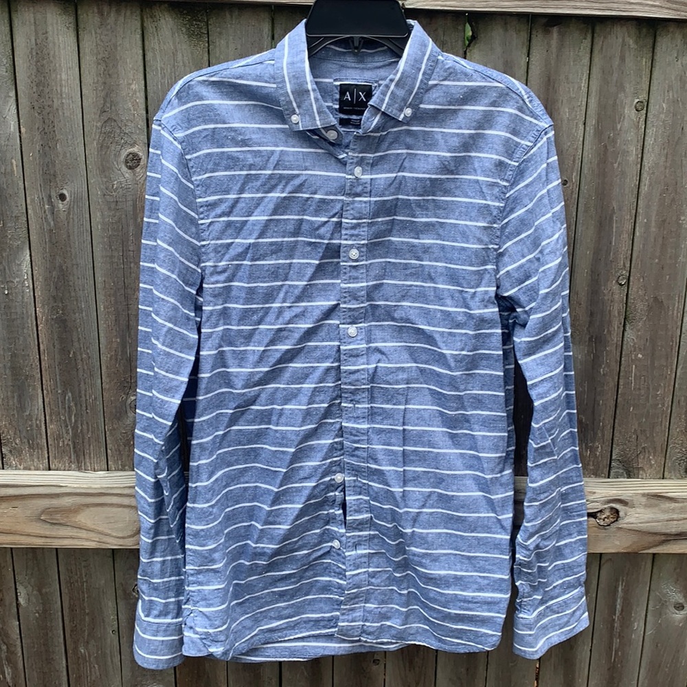 Armani Exchange Blue and White Striped Casual Button Down Shirt